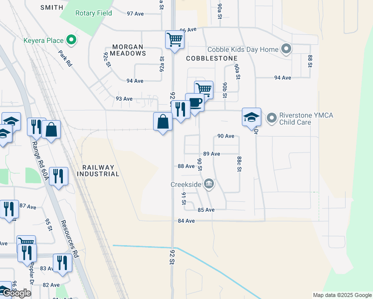 map of restaurants, bars, coffee shops, grocery stores, and more near 9022 89 Avenue in Grande Prairie