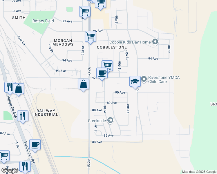 map of restaurants, bars, coffee shops, grocery stores, and more near 9105 91 Street in Grande Prairie