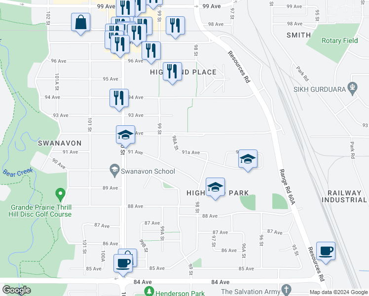 map of restaurants, bars, coffee shops, grocery stores, and more near 9826 91A Avenue in Grande Prairie