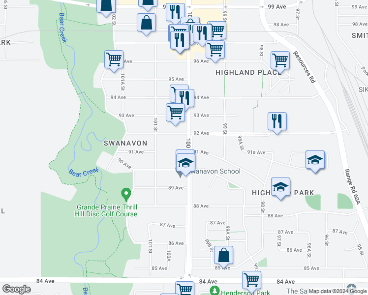 map of restaurants, bars, coffee shops, grocery stores, and more near 9106 100 Street in Grande Prairie