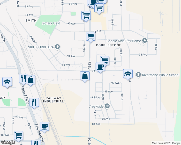 map of restaurants, bars, coffee shops, grocery stores, and more near 9201 92 Street in Grande Prairie