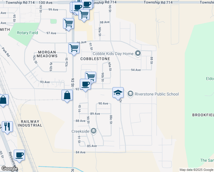 map of restaurants, bars, coffee shops, grocery stores, and more near 9018 92 Avenue in Grande Prairie