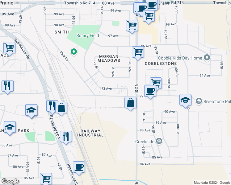 map of restaurants, bars, coffee shops, grocery stores, and more near 9217 93 Avenue in Grande Prairie