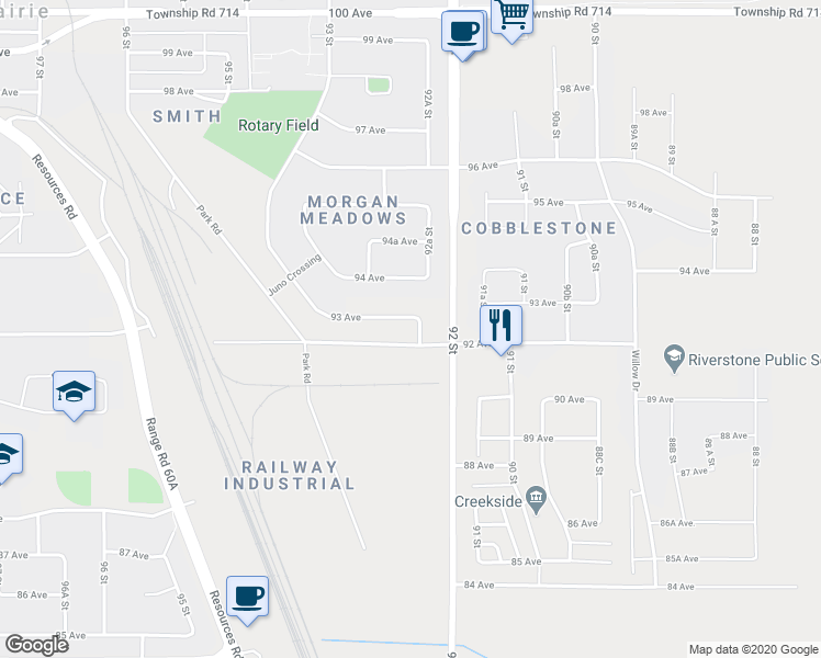 map of restaurants, bars, coffee shops, grocery stores, and more near 9214 93 Avenue in Grande Prairie