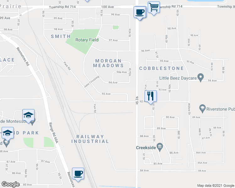 map of restaurants, bars, coffee shops, grocery stores, and more near 9214 93 Avenue in Grande Prairie
