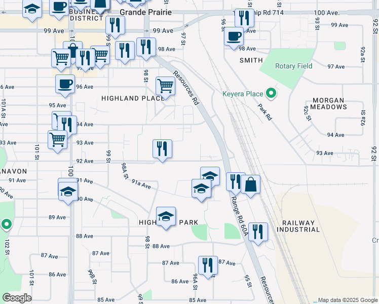map of restaurants, bars, coffee shops, grocery stores, and more near 9640 92 Avenue in Grande Prairie
