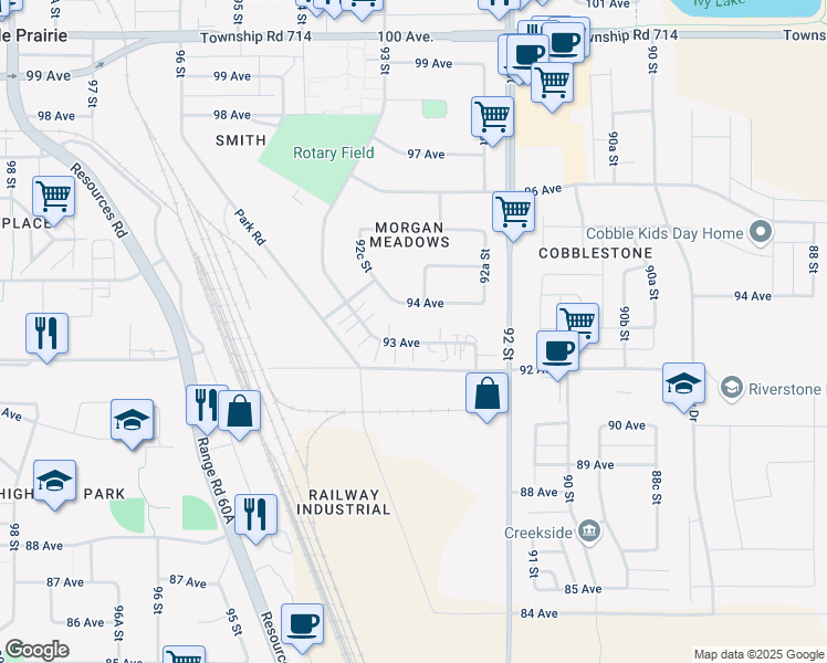 map of restaurants, bars, coffee shops, grocery stores, and more near 9222 93 Avenue in Grande Prairie