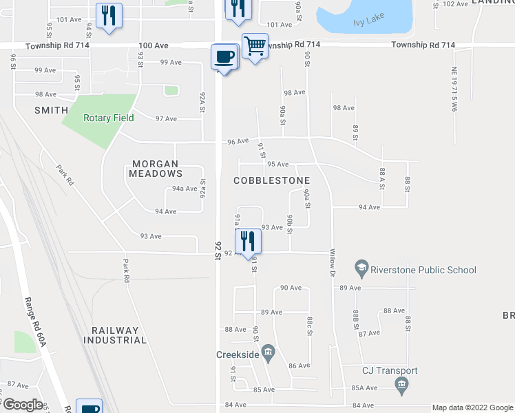 map of restaurants, bars, coffee shops, grocery stores, and more near 8942 94 Avenue in Grande Prairie