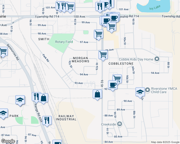 map of restaurants, bars, coffee shops, grocery stores, and more near 9221 94A Avenue in Grande Prairie