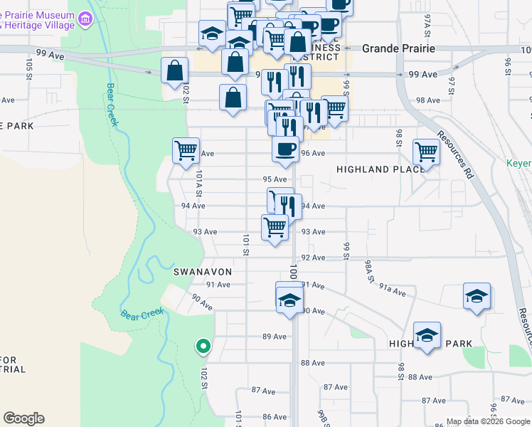 map of restaurants, bars, coffee shops, grocery stores, and more near in Grande Prairie County No 1