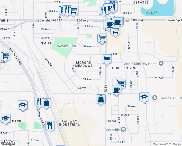 map of restaurants, bars, coffee shops, grocery stores, and more near 9223 94A Avenue in Grande Prairie