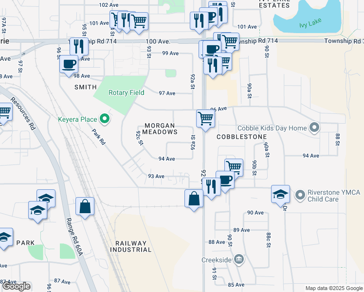 map of restaurants, bars, coffee shops, grocery stores, and more near 9213 94A Avenue in Grande Prairie