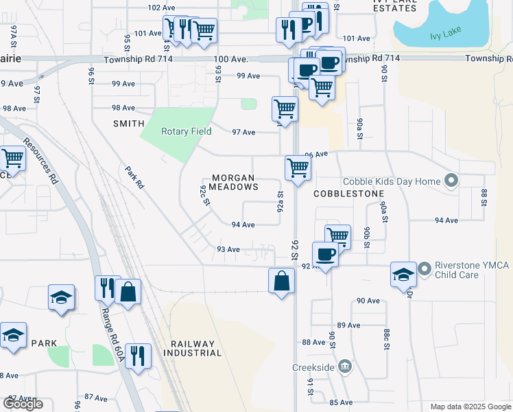 map of restaurants, bars, coffee shops, grocery stores, and more near 9221 94A Avenue in Grande Prairie