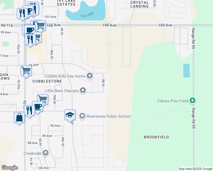 map of restaurants, bars, coffee shops, grocery stores, and more near 9425 88 Street in Grande Prairie