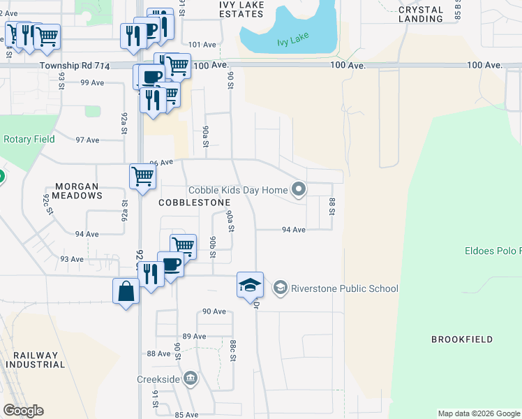 map of restaurants, bars, coffee shops, grocery stores, and more near 8942 94 Avenue in Grande Prairie