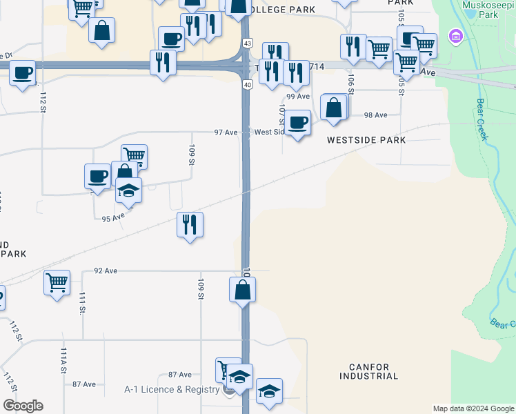 map of restaurants, bars, coffee shops, grocery stores, and more near 9401 108 Street in Grande Prairie