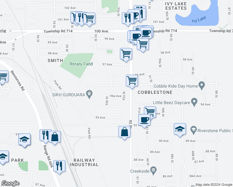 map of restaurants, bars, coffee shops, grocery stores, and more near 9214 94A Avenue in Grande Prairie