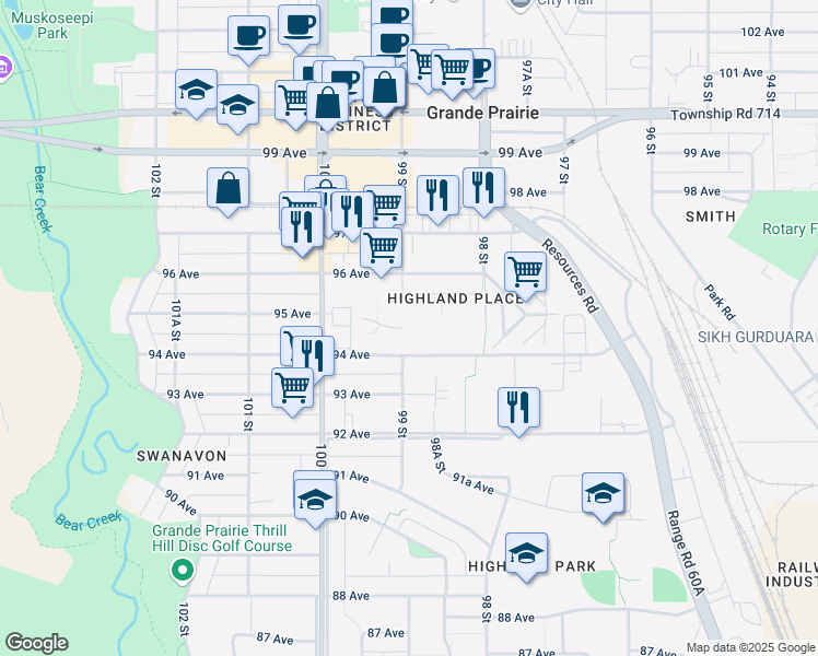 map of restaurants, bars, coffee shops, grocery stores, and more near 9818 94 Avenue in Grande Prairie