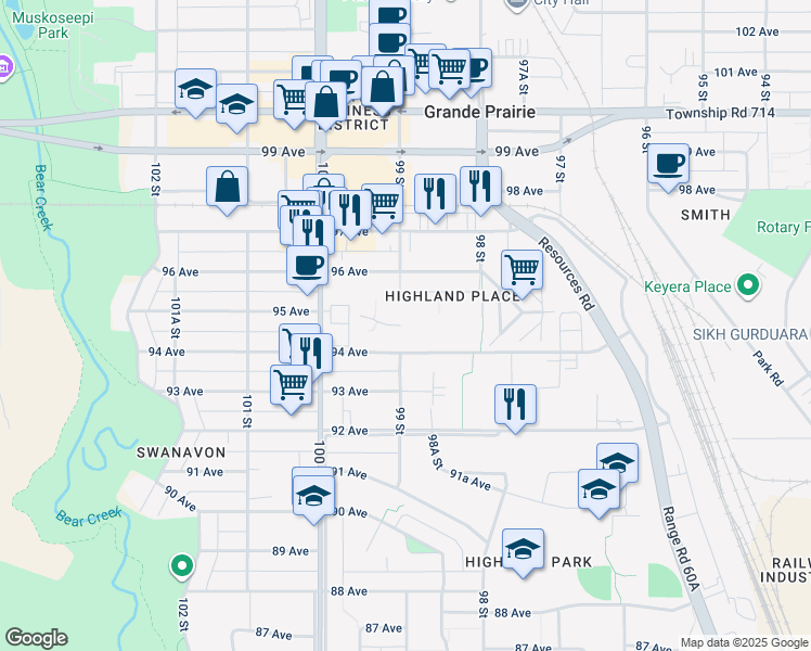 map of restaurants, bars, coffee shops, grocery stores, and more near 9818 B 94 Avenue in Grande Prairie