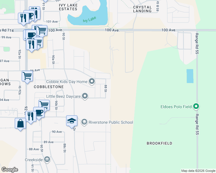 map of restaurants, bars, coffee shops, grocery stores, and more near 9425 88 Street in Grande Prairie