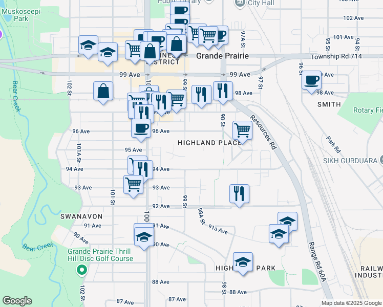 map of restaurants, bars, coffee shops, grocery stores, and more near 9818 B 94 Avenue in Grande Prairie