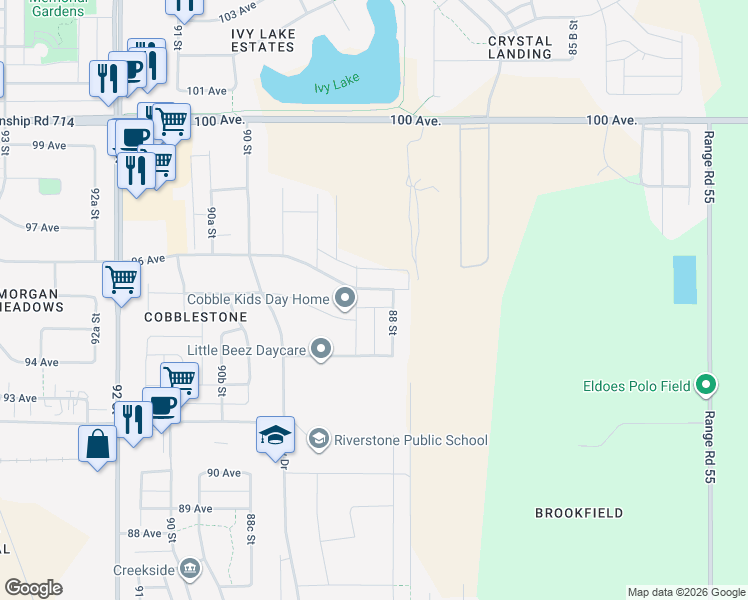 map of restaurants, bars, coffee shops, grocery stores, and more near 8823 96 Avenue in Grande Prairie