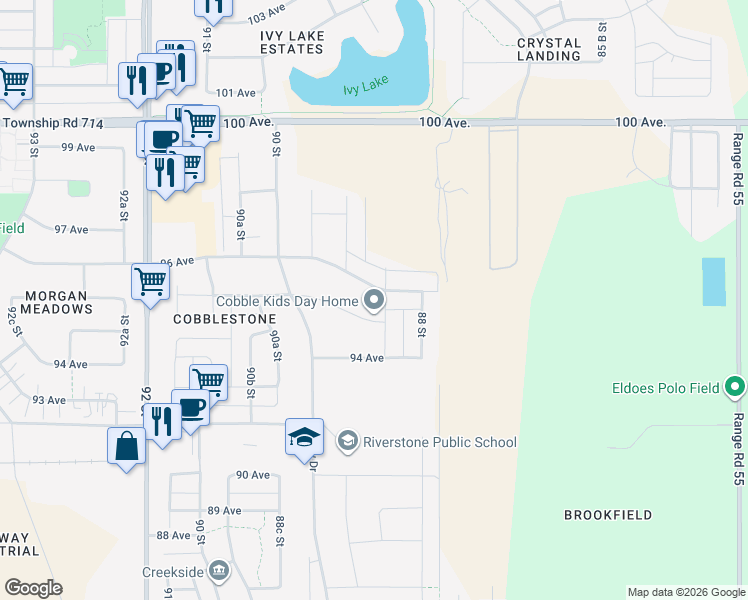 map of restaurants, bars, coffee shops, grocery stores, and more near 8844 96 Avenue in Grande Prairie