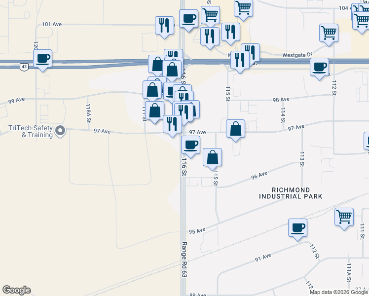 map of restaurants, bars, coffee shops, grocery stores, and more near 9601 116 Street in Grande Prairie