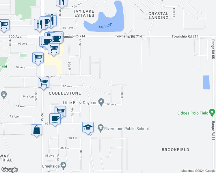 map of restaurants, bars, coffee shops, grocery stores, and more near 8841 96 Avenue in Grande Prairie