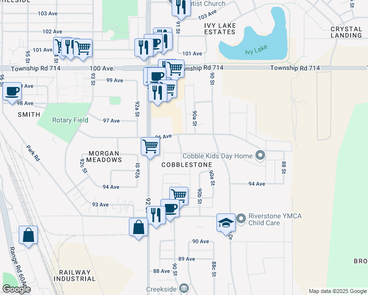 map of restaurants, bars, coffee shops, grocery stores, and more near 9033 96 Avenue in Grande Prairie
