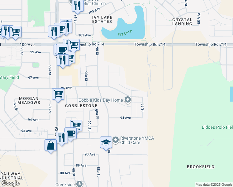 map of restaurants, bars, coffee shops, grocery stores, and more near 8933 96 Avenue in Grande Prairie