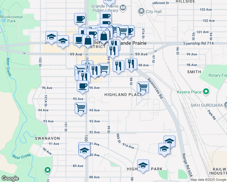 map of restaurants, bars, coffee shops, grocery stores, and more near 9831 B 96 Avenue in Grande Prairie