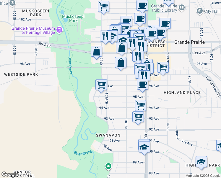 map of restaurants, bars, coffee shops, grocery stores, and more near 10127 96 Avenue in Grande Prairie