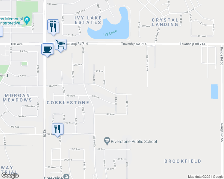 map of restaurants, bars, coffee shops, grocery stores, and more near 8844 96 Avenue in Grande Prairie