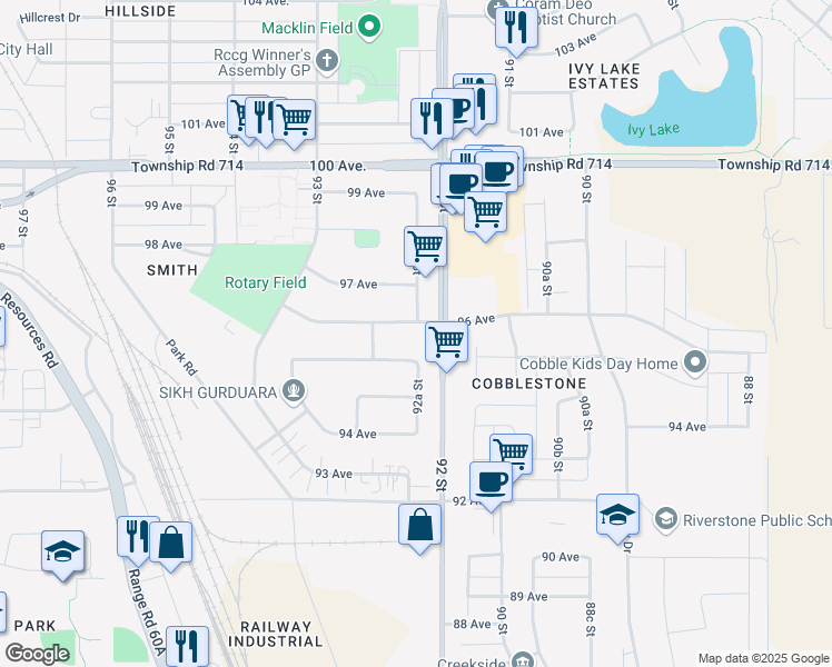 map of restaurants, bars, coffee shops, grocery stores, and more near 9209 96 Avenue in Grande Prairie