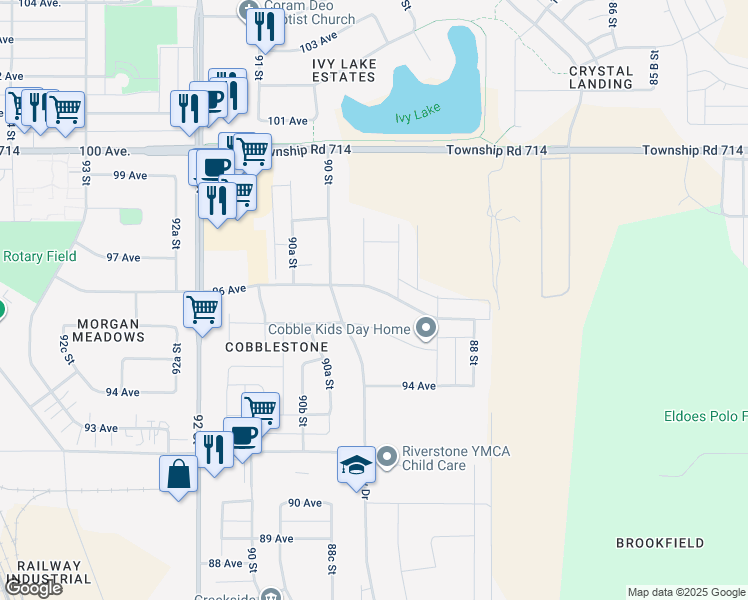 map of restaurants, bars, coffee shops, grocery stores, and more near 8945 96 Avenue in Grande Prairie