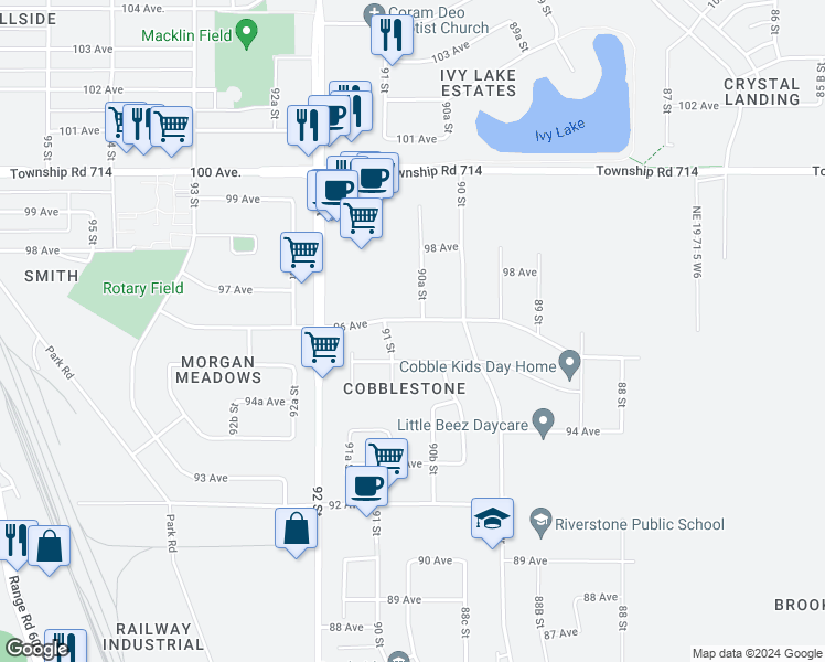 map of restaurants, bars, coffee shops, grocery stores, and more near 9033 96 Avenue in Grande Prairie