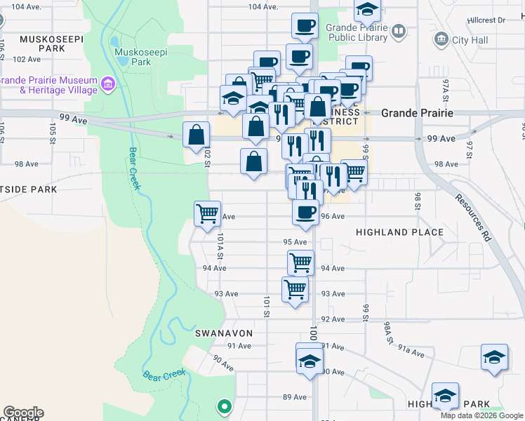 map of restaurants, bars, coffee shops, grocery stores, and more near 10102 96 Avenue in Grande Prairie
