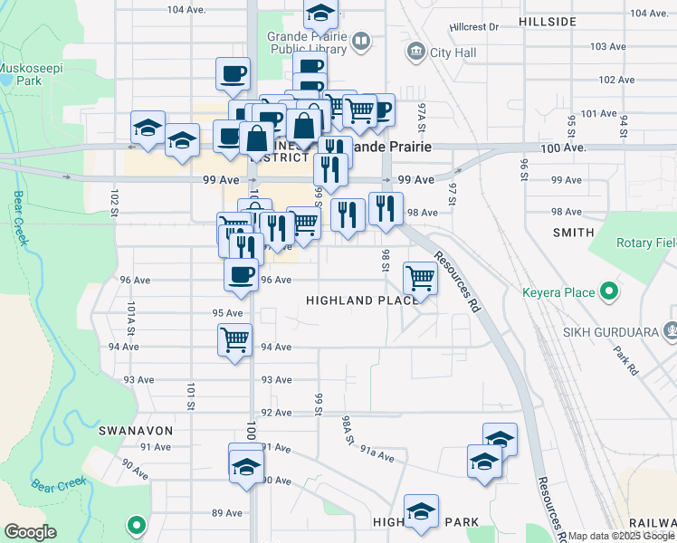 map of restaurants, bars, coffee shops, grocery stores, and more near 9828 96 Avenue in Grande Prairie