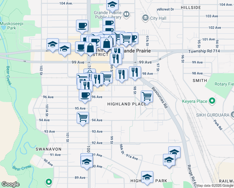 map of restaurants, bars, coffee shops, grocery stores, and more near 9831 B 96 Avenue in Grande Prairie