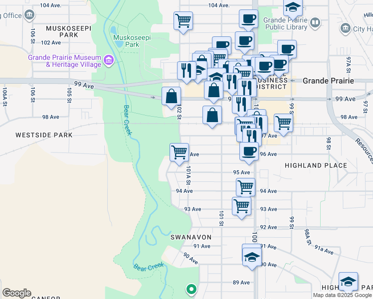map of restaurants, bars, coffee shops, grocery stores, and more near 10127 96 Avenue in Grande Prairie