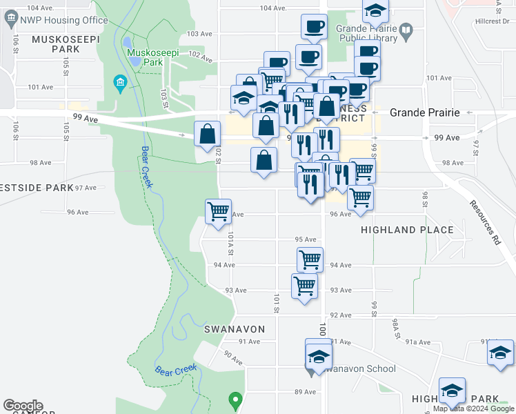 map of restaurants, bars, coffee shops, grocery stores, and more near 10114 96 Avenue in Grande Prairie