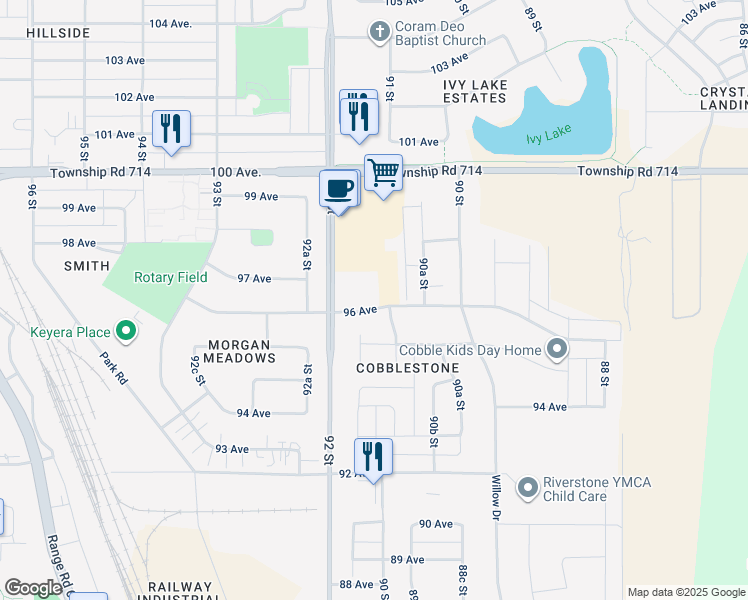 map of restaurants, bars, coffee shops, grocery stores, and more near 9124 96 Avenue in Grande Prairie