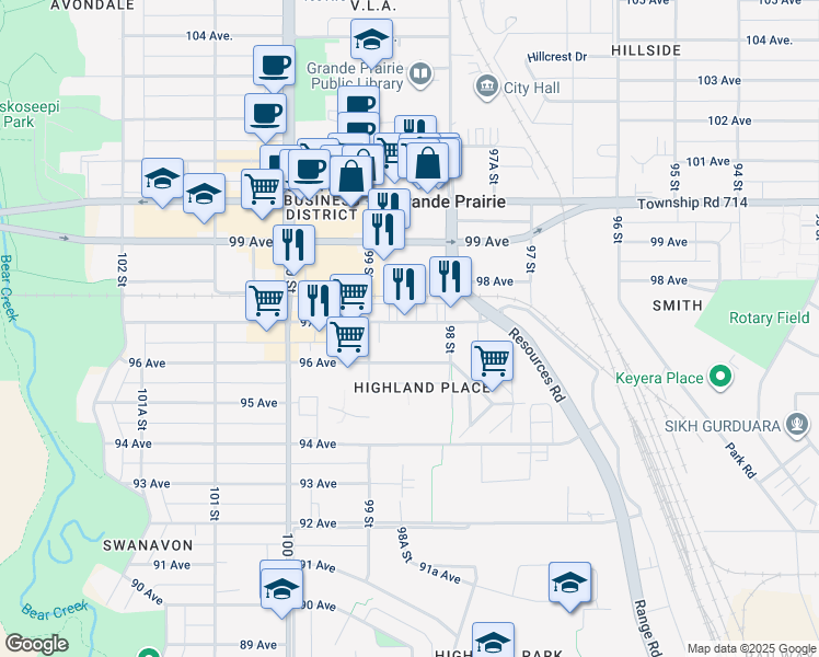 map of restaurants, bars, coffee shops, grocery stores, and more near 9819 97 Avenue in Grande Prairie