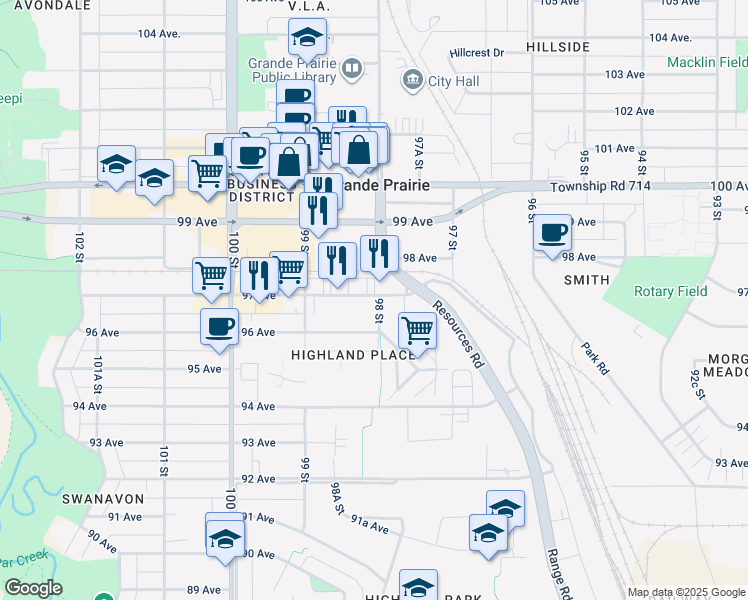 map of restaurants, bars, coffee shops, grocery stores, and more near 9720 97 Avenue in Grande Prairie