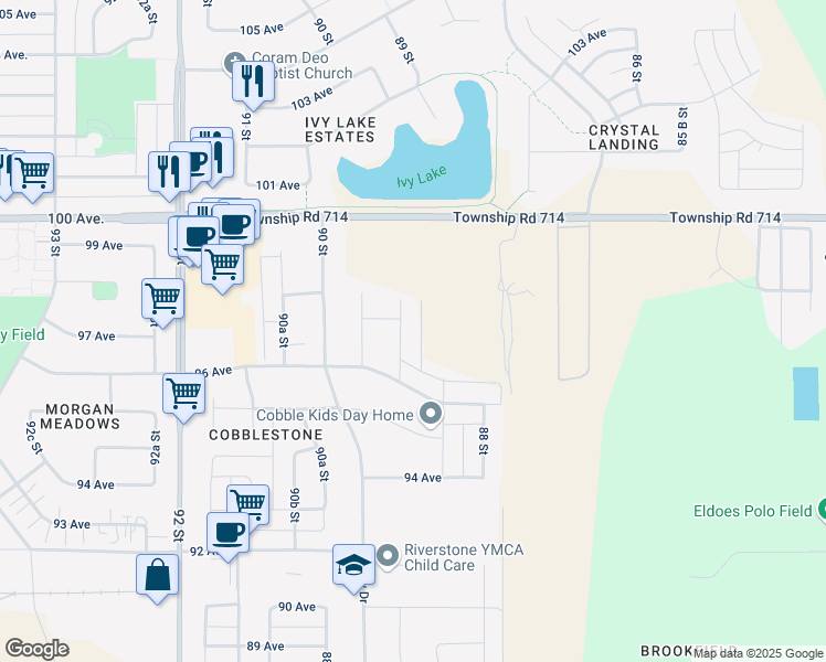 map of restaurants, bars, coffee shops, grocery stores, and more near 9805 89 Street in Grande Prairie