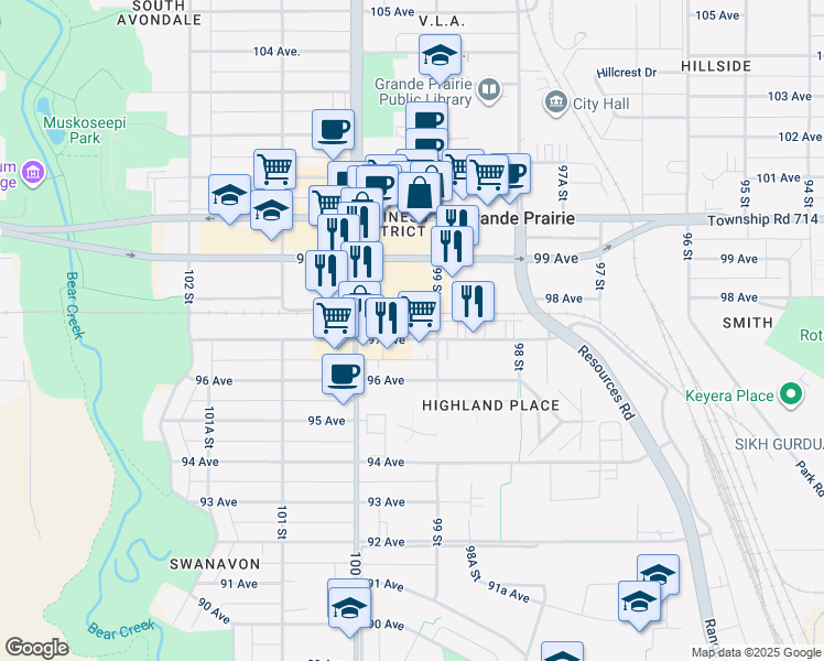 map of restaurants, bars, coffee shops, grocery stores, and more near 9914 97 Avenue in Grande Prairie