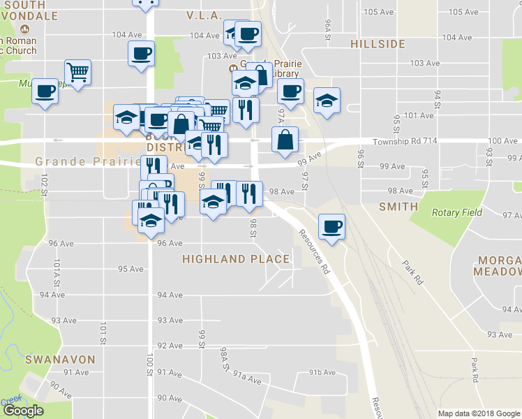 map of restaurants, bars, coffee shops, grocery stores, and more near 9720 97 Avenue in Grande Prairie