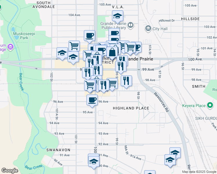 map of restaurants, bars, coffee shops, grocery stores, and more near 9914 97 Avenue in Grande Prairie