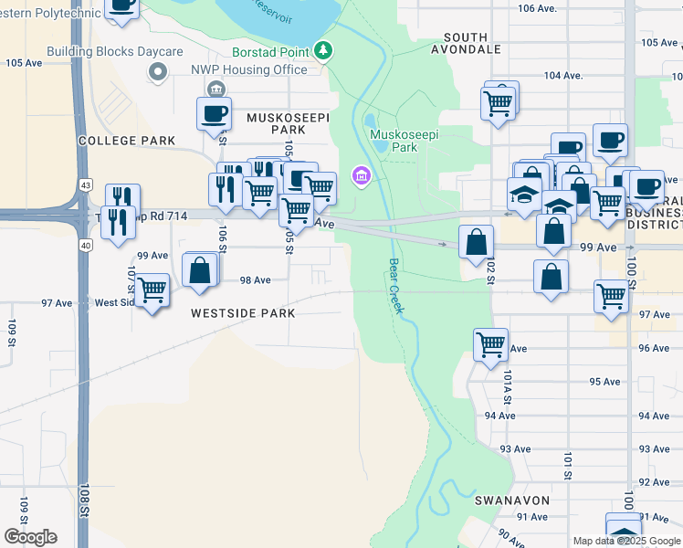 map of restaurants, bars, coffee shops, grocery stores, and more near 10405 99 Avenue in Grande Prairie